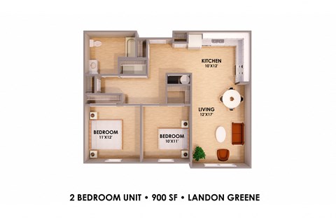 Floor plan for 2 beds, 1 bath, 900 sqft
